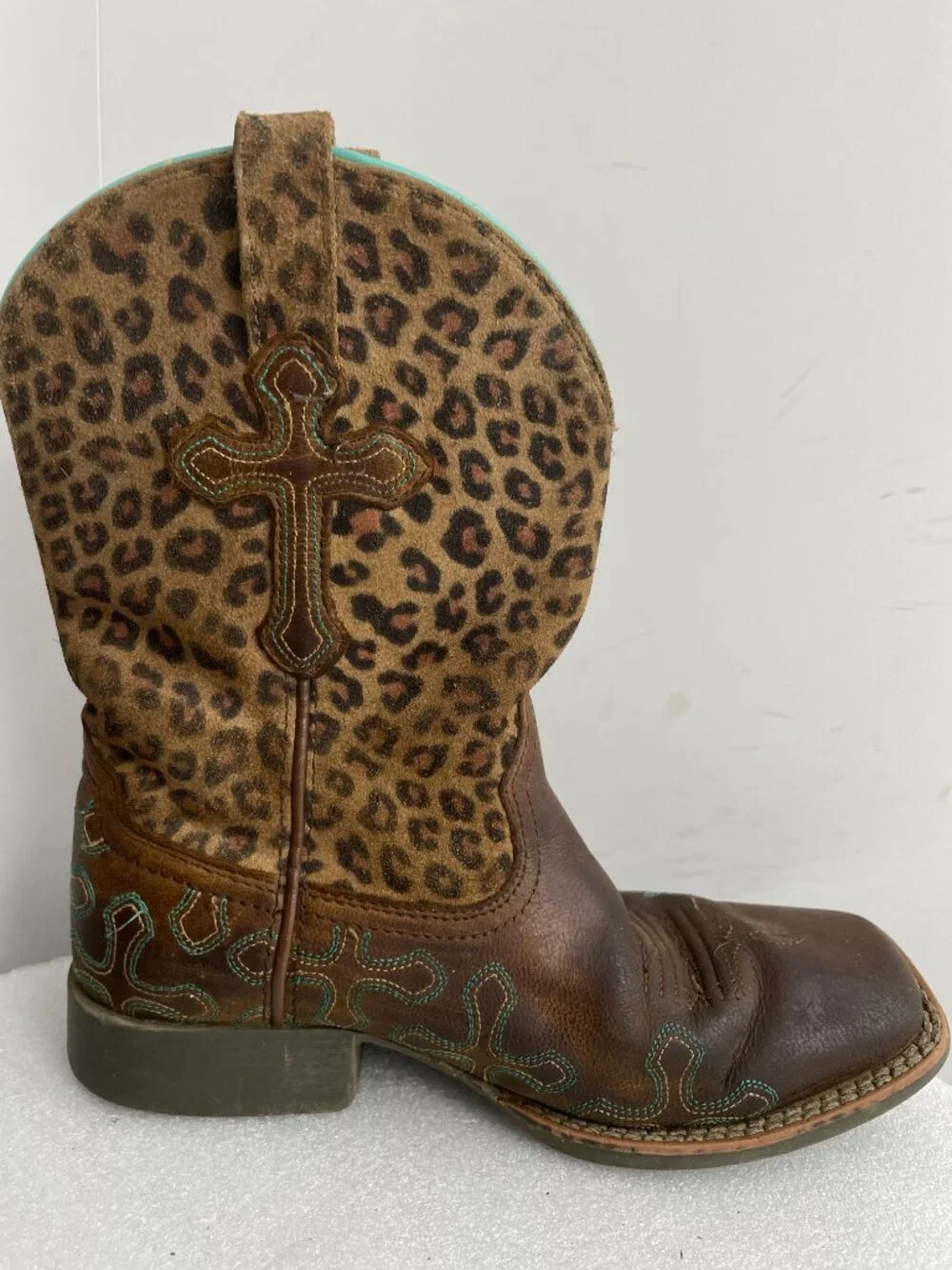 Ariat Crossroads Leopard Cross Leather Western Square Toe Boots Girls Kids 1